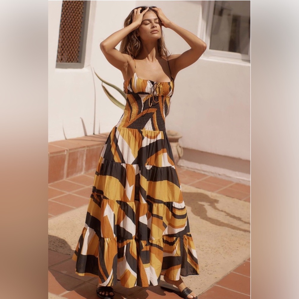 Anthropologie Mustard Black White Abstract Maxi Dress
